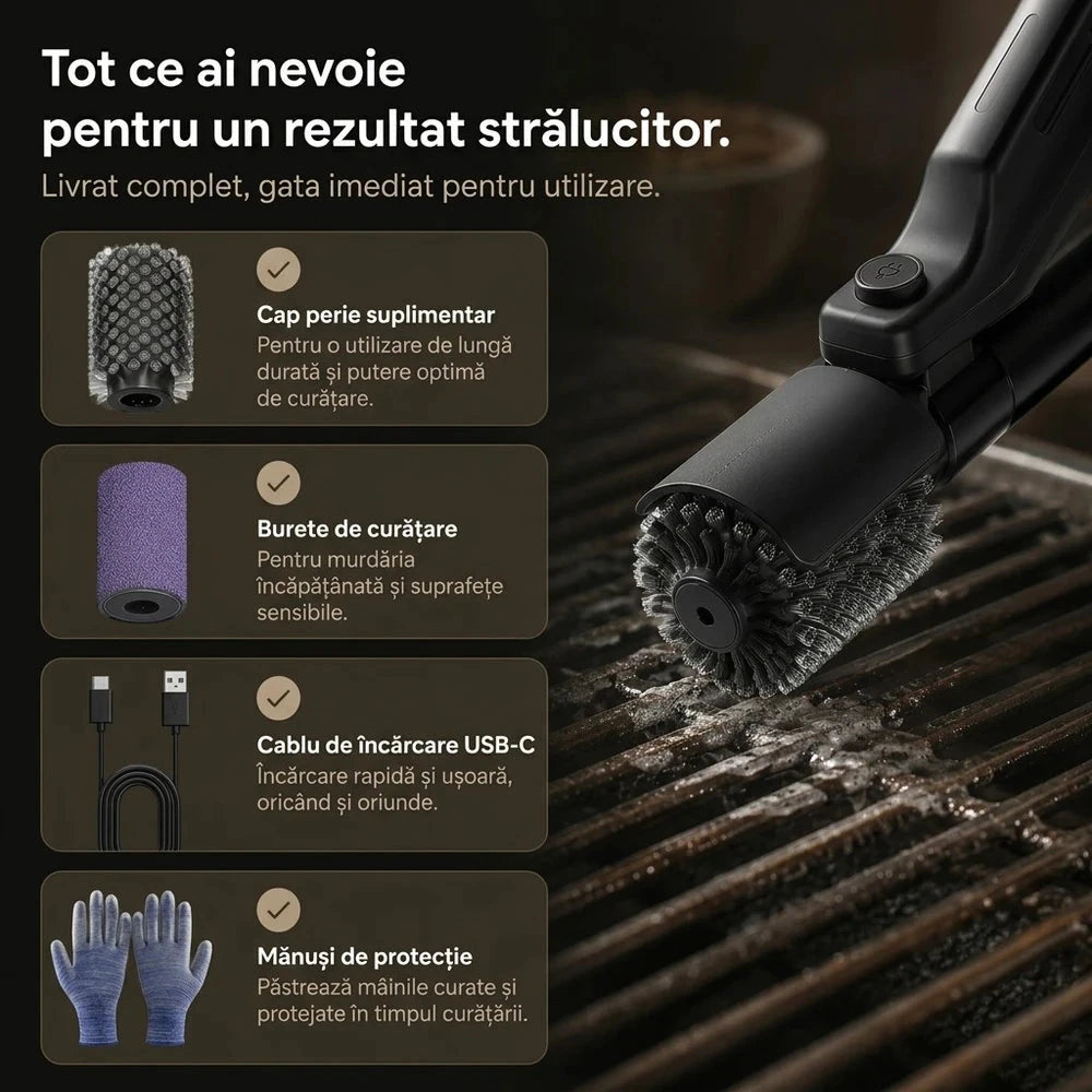 Perie Electrică Profesională pentru Curățare Grătar BBQ, 3 Viteze, Cap Reglabil + BONUS 1 CAP Diferit și mănuși pentru GRĂTAR!