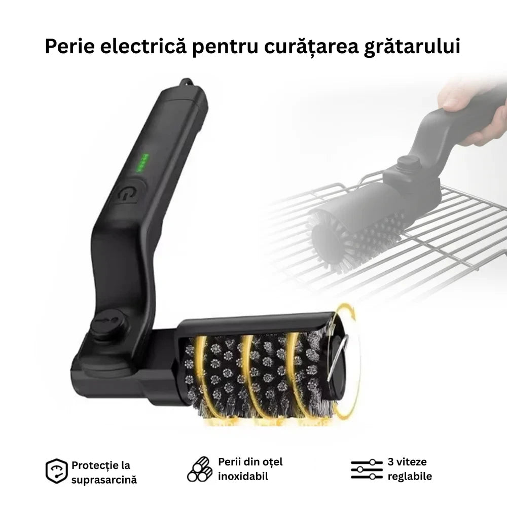 Perie Electrică Profesională pentru Curățare Grătar BBQ, 3 Viteze, Cap Reglabil + BONUS 1 CAP Diferit și mănuși pentru GRĂTAR!