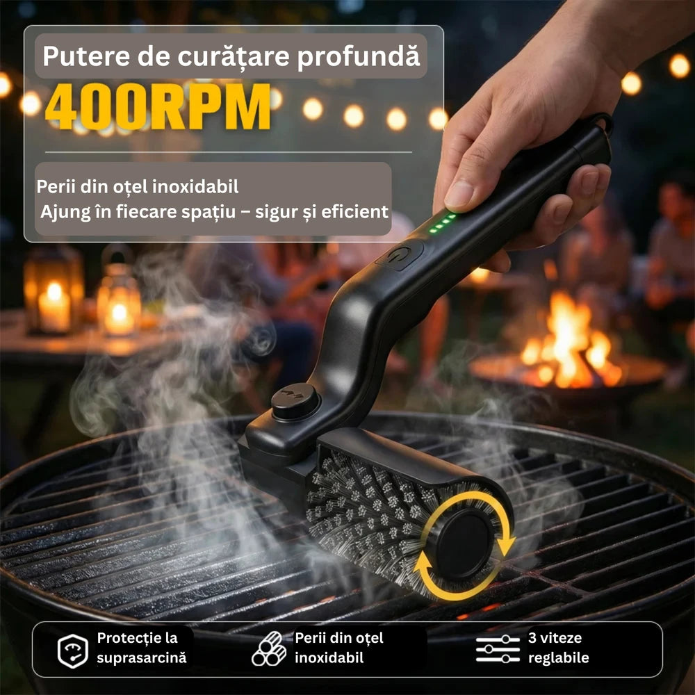 Perie Electrică Profesională pentru Curățare Grătar BBQ, 3 Viteze, Cap Reglabil + BONUS 1 CAP Diferit și mănuși pentru GRĂTAR!