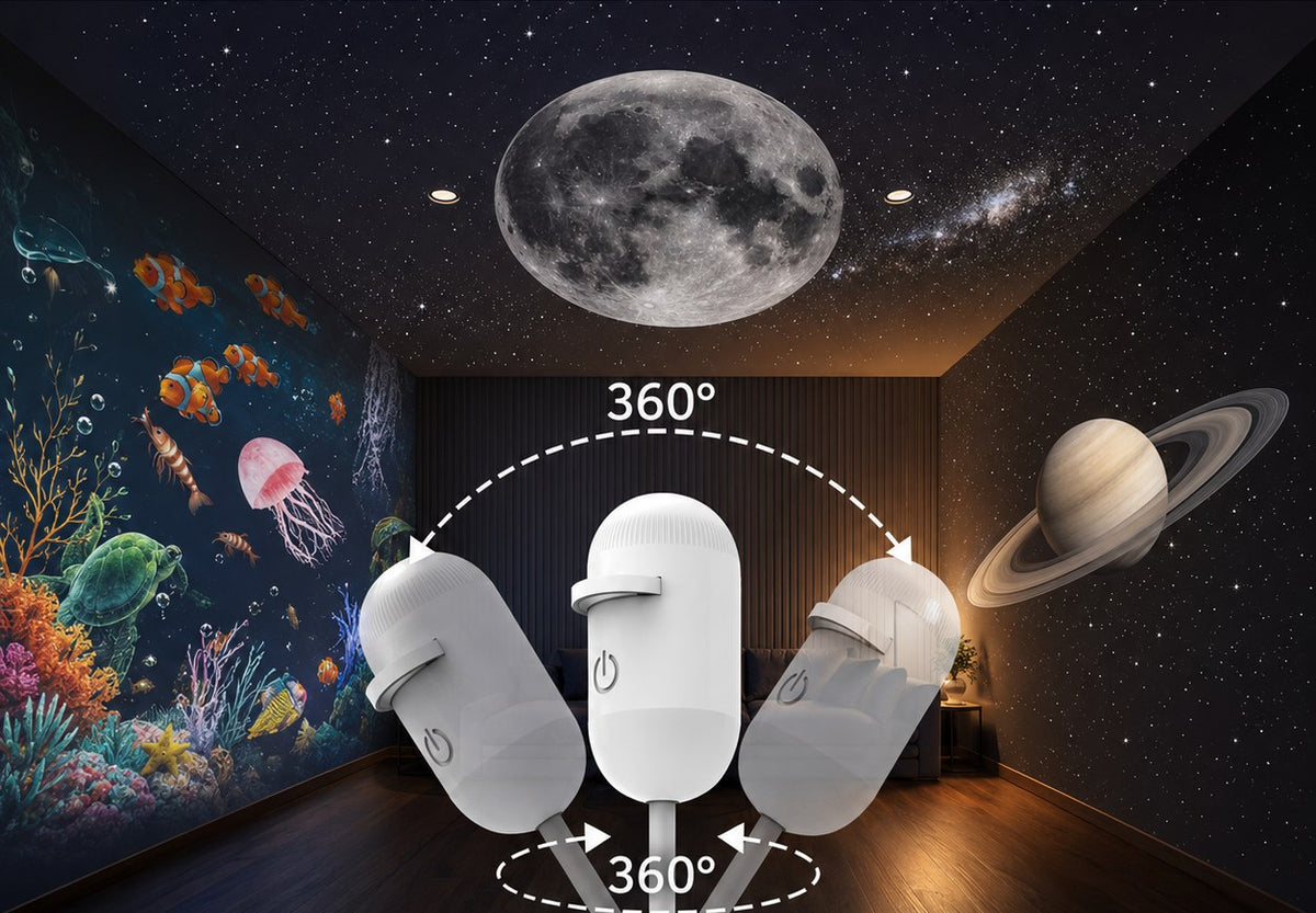 Proiectorul de stele se rotește la 360° spre tavan sau perete