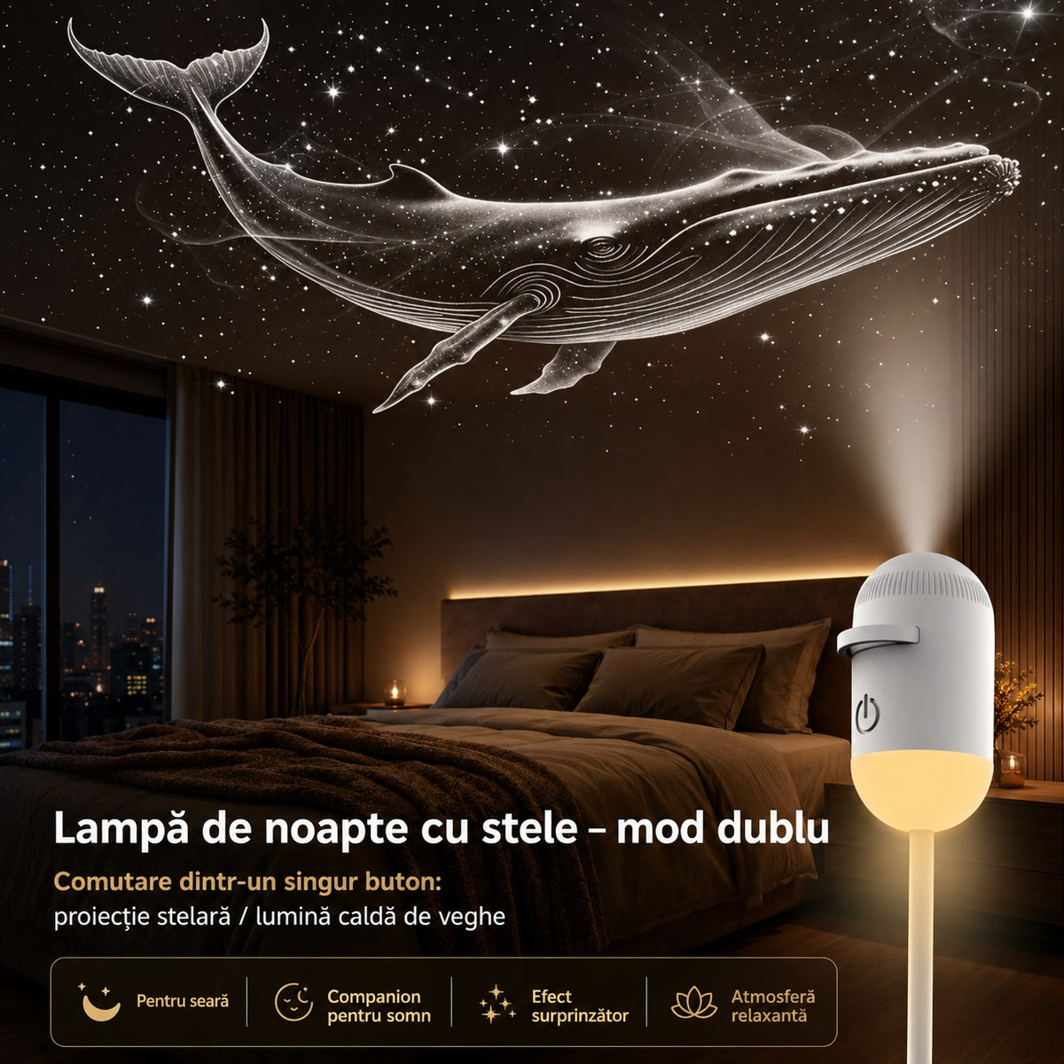 Lampă de noapte cu stele, mod dublu: proiecție stelară sau lumină caldă de veghe dintr-un singur buton